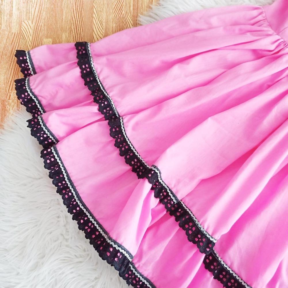 Handmade Pink Square Dance Prairie Dress with Black Eyelet Trim - Picture 4 of 4